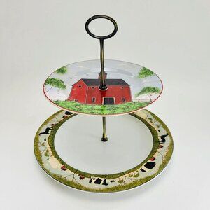 Vintage Mismatched 2 Tiered Dessert Stand, Folk Art Barn & Farm Animals Design